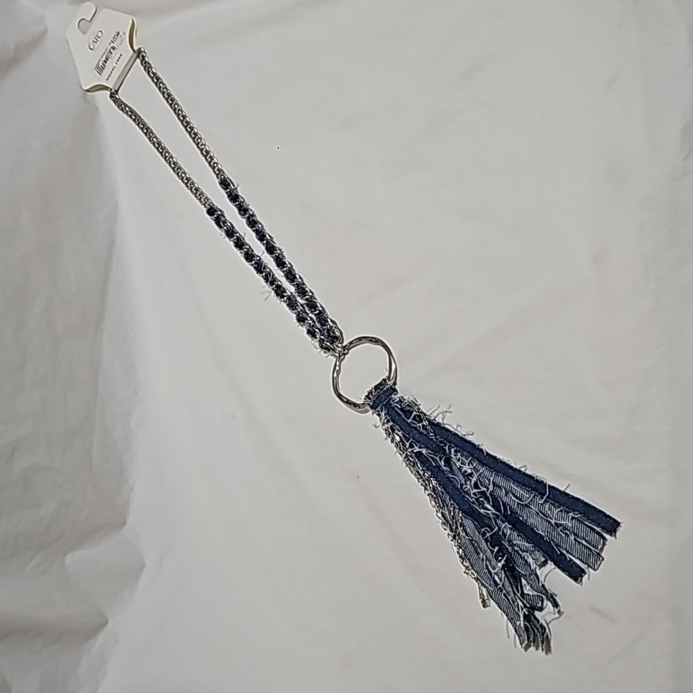 CATO Long Frayed Denim with Silver Chain Tassel Necklace New